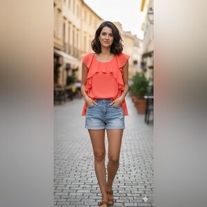 Papermoon Ruffle coral orange blouse size large scoop neck flutter top sheer
